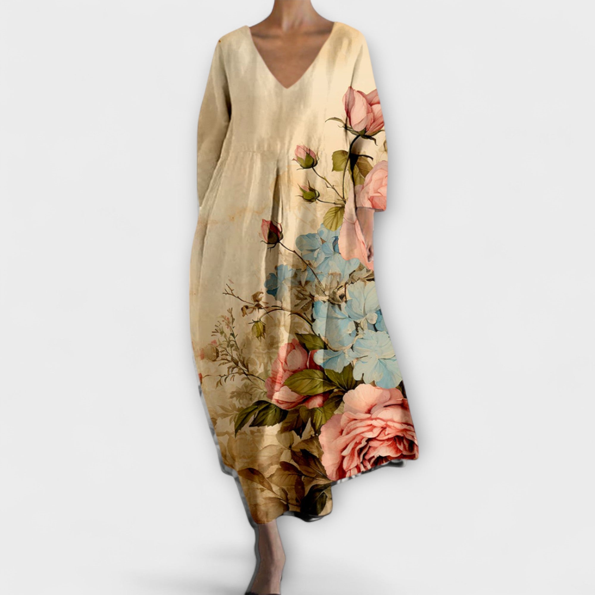 Fiona - Długie, Kolorowe Sukienki z Dekoltem w Szpic