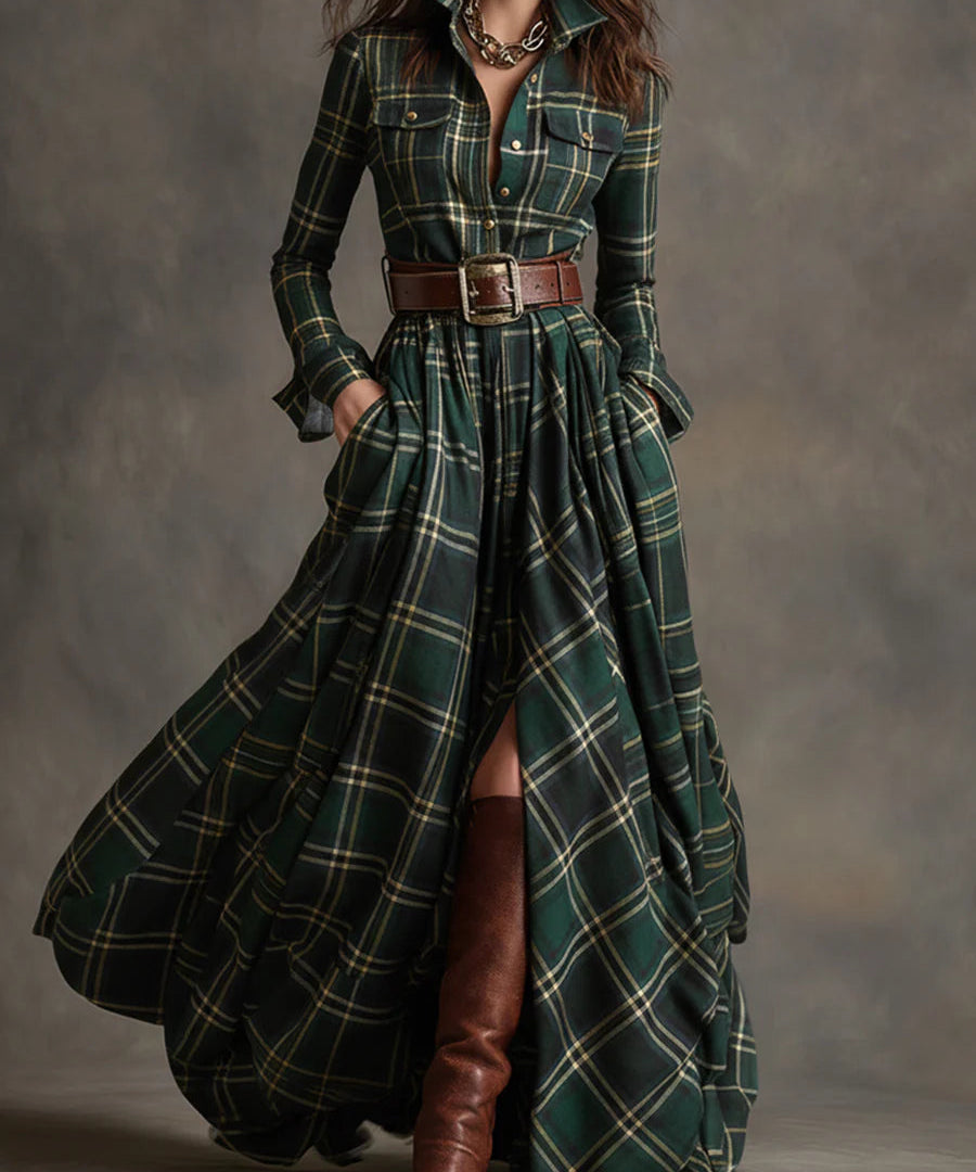 Beatrice | Długie w kratkę sukienka z paskiem