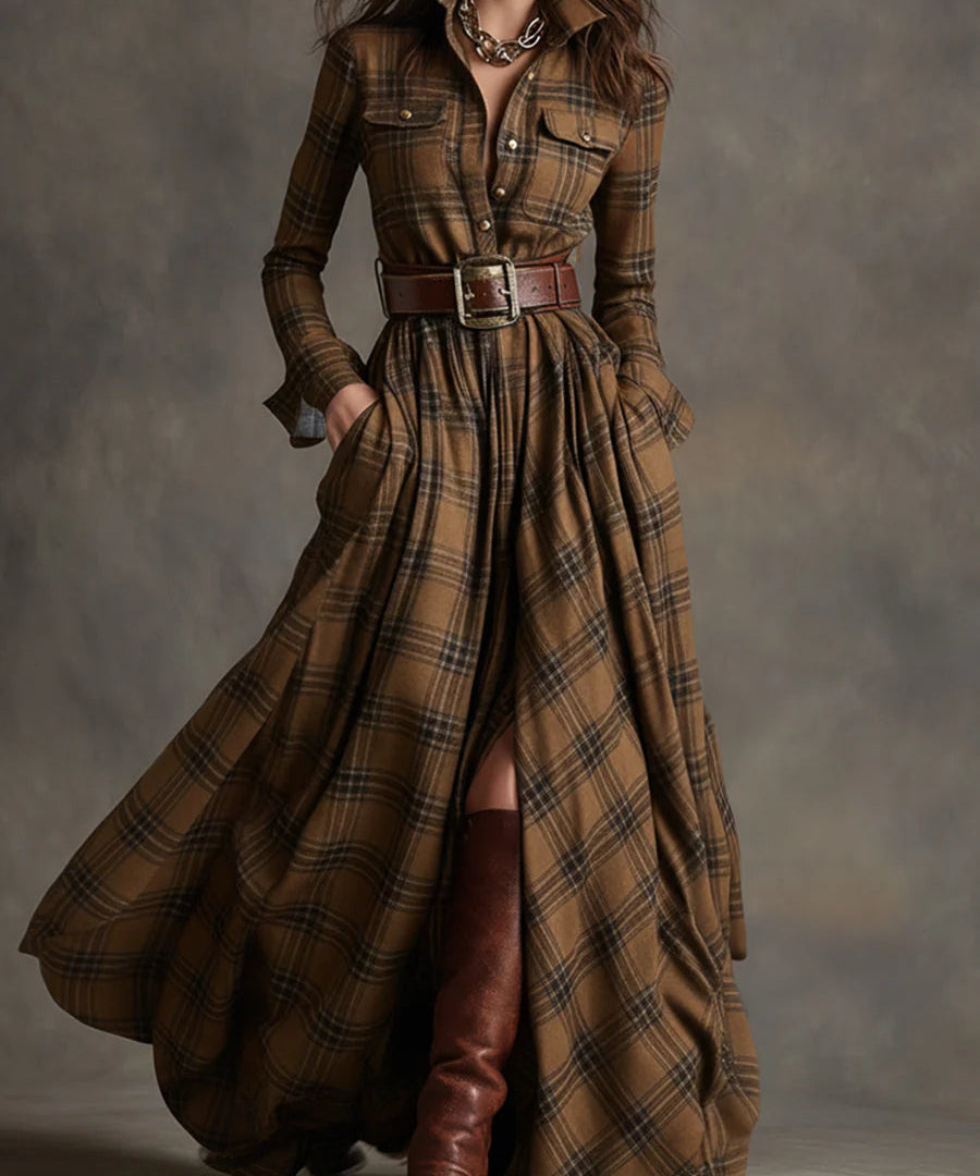 Beatrice | Długie w kratkę sukienka z paskiem