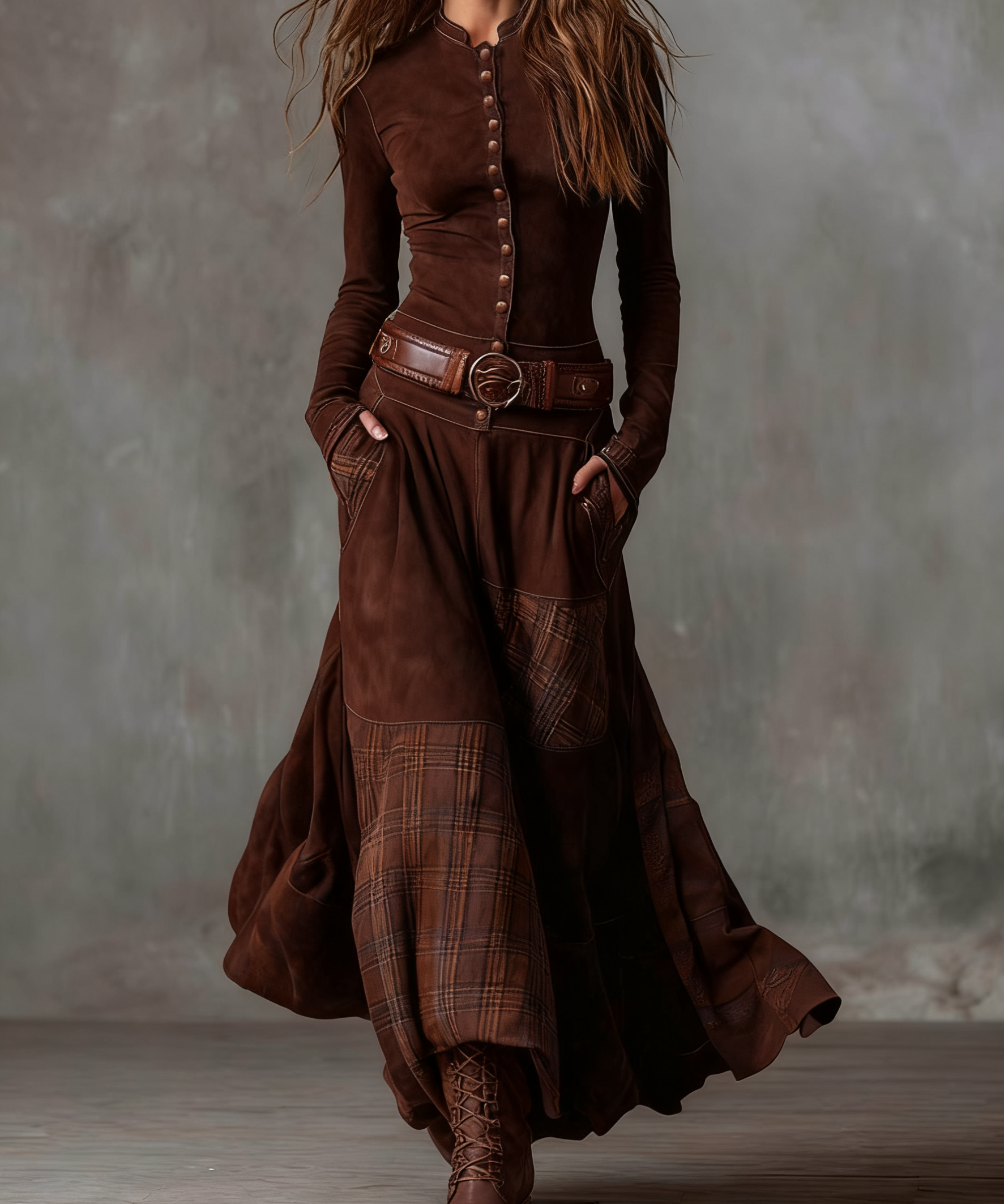 Tereza | Maxi sukienka z zamszu z paskiem